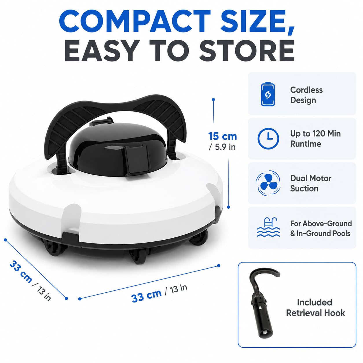 Robot aspirateur de piscine pour piscines creusées et hors sol, sans fil, navigation intelligente, escalade murale, autonomie de 180 minutes, nettoie jusqu'à 200 m²