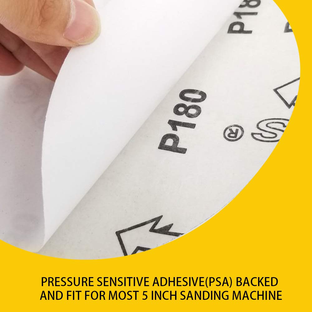 60 discos de lijado de óxido de aluminio PSA sin agujero de 5 pulgadas, autoadhesivos (10 de cada uno de 60 100 150 180 240 400 granos)