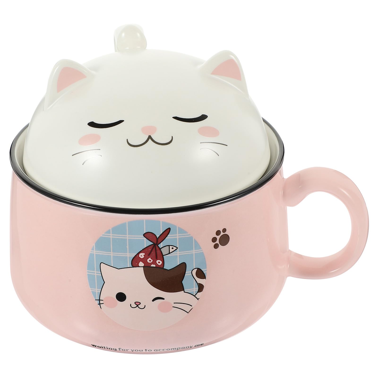 Katzenmotiv Ramen Schüssel mit Deckel, 1020ml, 1 Satz, Keramik | Edelstahl Element, Rosa Ausführung, Leicht zu Reinigen, Vielseitig Nutzbar, für Einzugsgeschenke