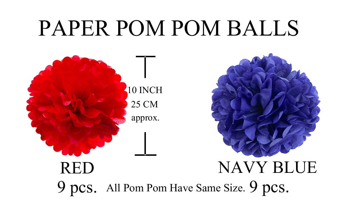 AMFIN® 18 Pcs. 10" Tissue Paper Pom Pom Flower Balls for Birthday Wedding Party Anniversary Welcome Baby Shower Decorations - Red & Navy Blue 2