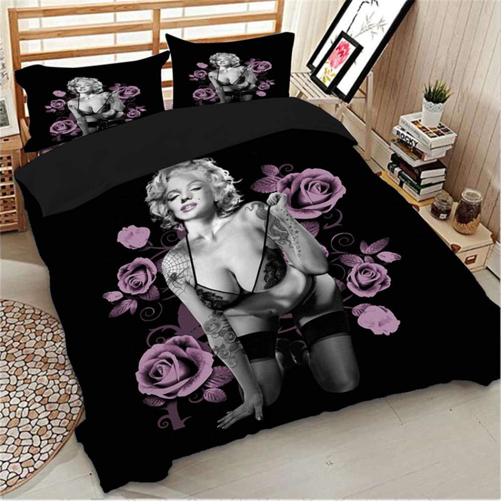 Duvet Cover Set Double Size 3D Printed 3 Pieces Bedding Set Sexy Marilyn Monroe with Zipper Closure and 2 Pillowcases for Kids Adults Soft Microfiber Anti-allergic Quilt Cover 79 x 79 inch