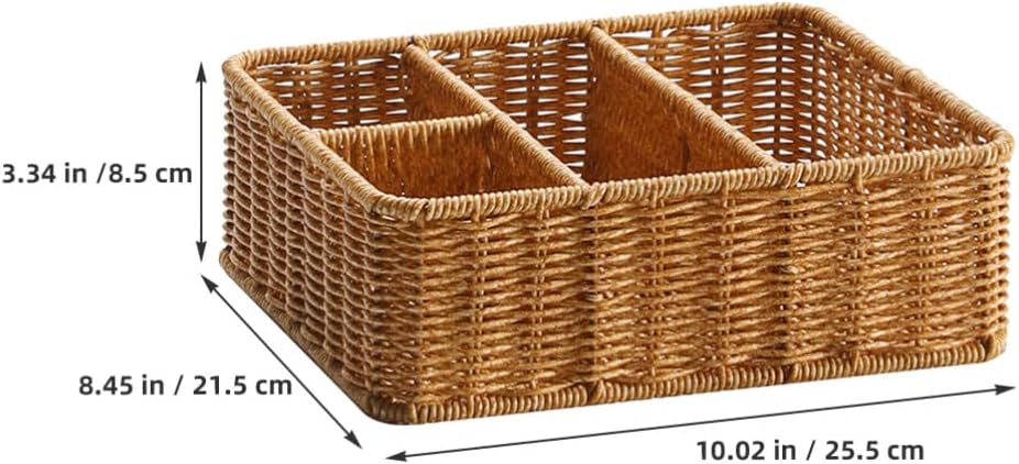 Wicker Divided Storage Basket, Rectangular Hand-woven Baskets Plastic Drawer Baskets Organizer for Organizing Cabinet Coffee Table Toilet Paper