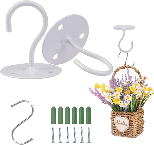 funvce Ceiling Hooks for Hanging Plants,2PCS Heavy Duty Hanging Hooks with Screws, Wall Mount Metal 2Pcs S Plant Hangers for Planters,Wind Chimes,Outdoor, White