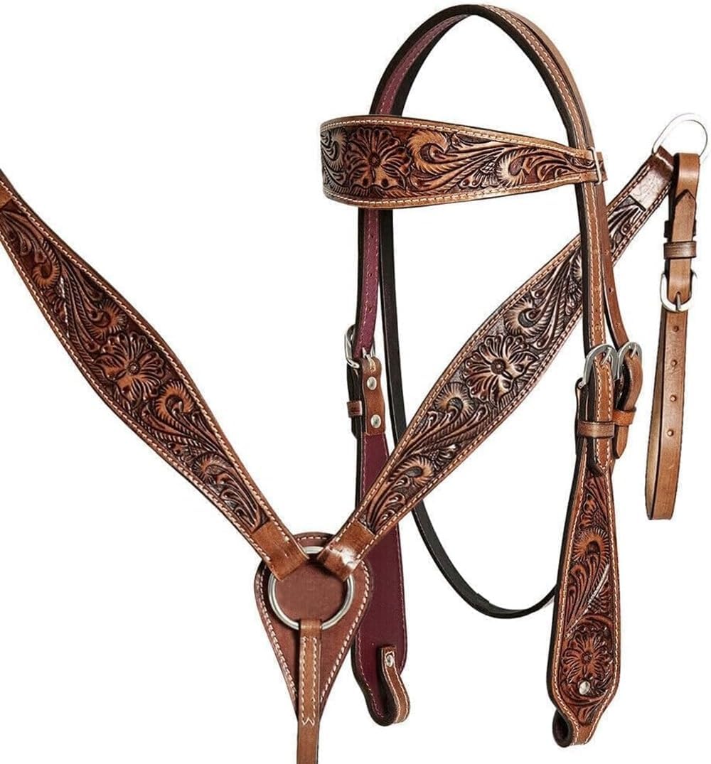 Western Leather Hand Tooled Headstall and Breast Collar Set with Reins. /Size-Full,Cob,Pony AM-14