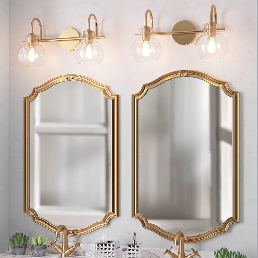 Clavie Gold Bathroom Light Fixture, 2 Light Bathroom Globe Light Fixture, Gold Bathroom Vanity Light with Globe Glass Shade, Brushed Gold Vanity Light Over Mirror, Farmhouse Bathroom Wall Sconce