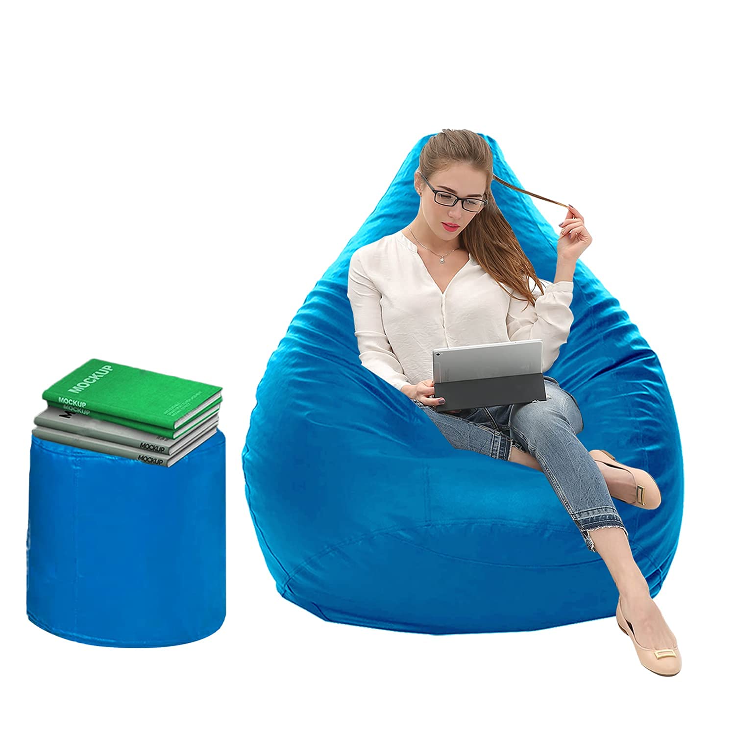 Dr. Smith Bean Bag with Footstool with Beans Filled, Size - XXXL Colour- (Blue)
