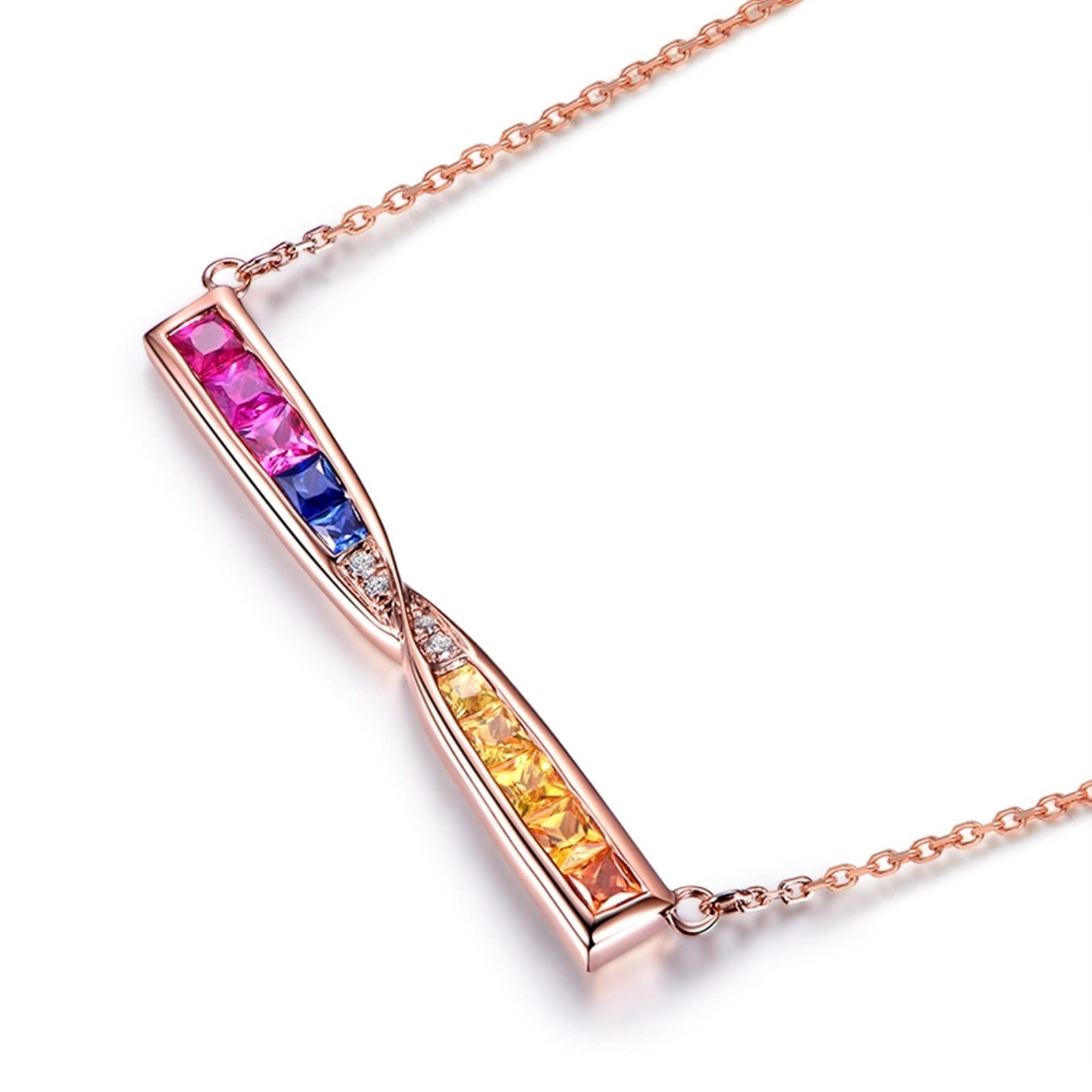 Collar de cadena de oro rosa para mujer, collar de piedra natal para niñas, lazo arcoíris con zafiro de 1,02 quilates, regalo cristiano de cumpleaños para mujer, Oro rosa de 18 quilates, Rubí Blue