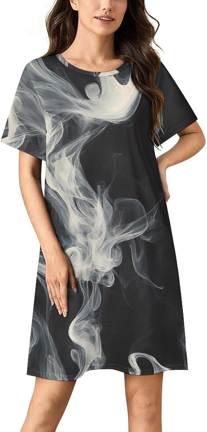 White Smoke Swirls Nightgowns for Women Short Sleeve Sleep Dress Casual Sleepshirt Night Gowns Pajamas