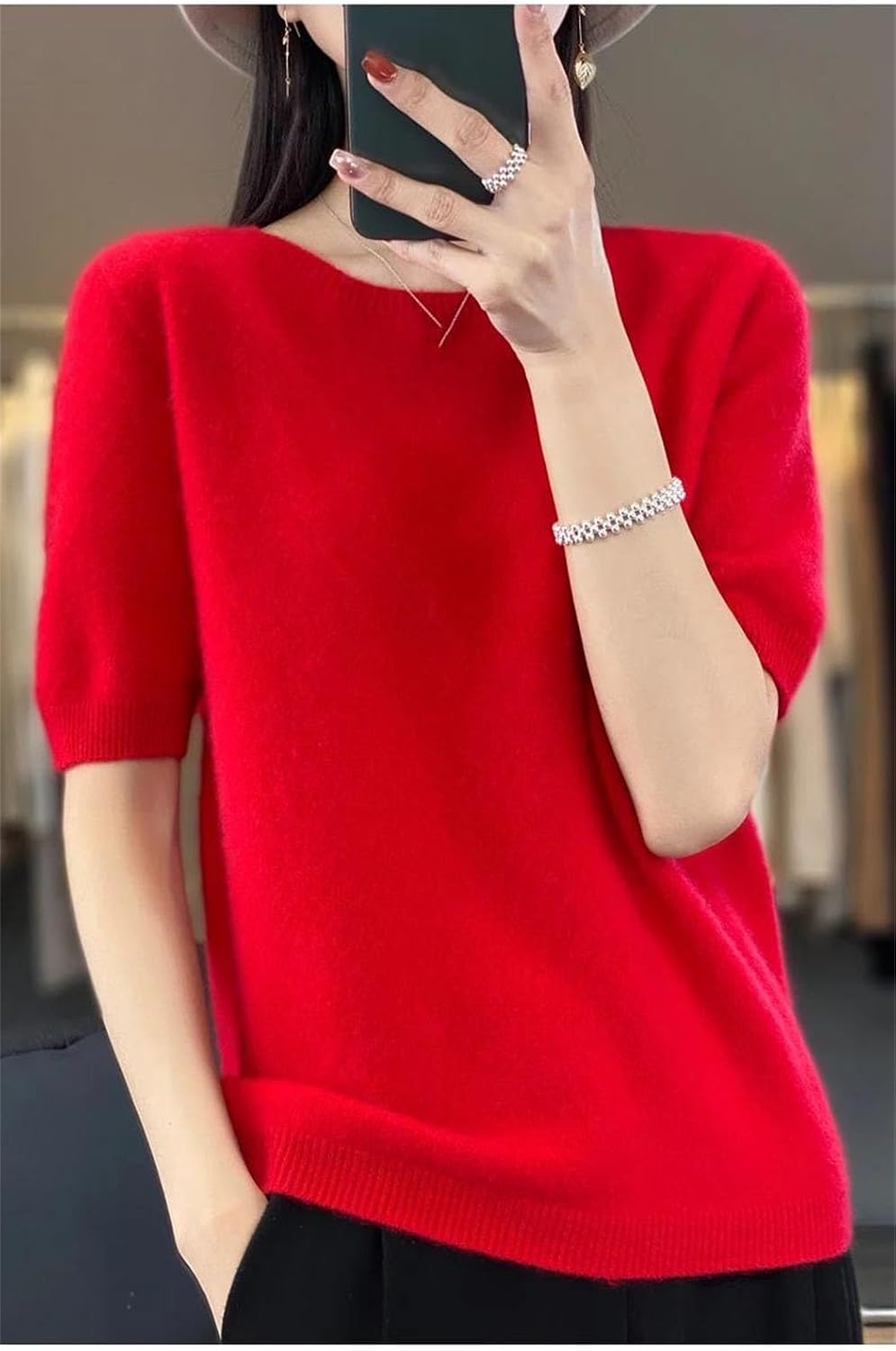 Women's Short Sleeve Crewneck Sweater 100% Merino Wool Pullover Solid Knit Top Basic Casual Half Sleeve Blouse