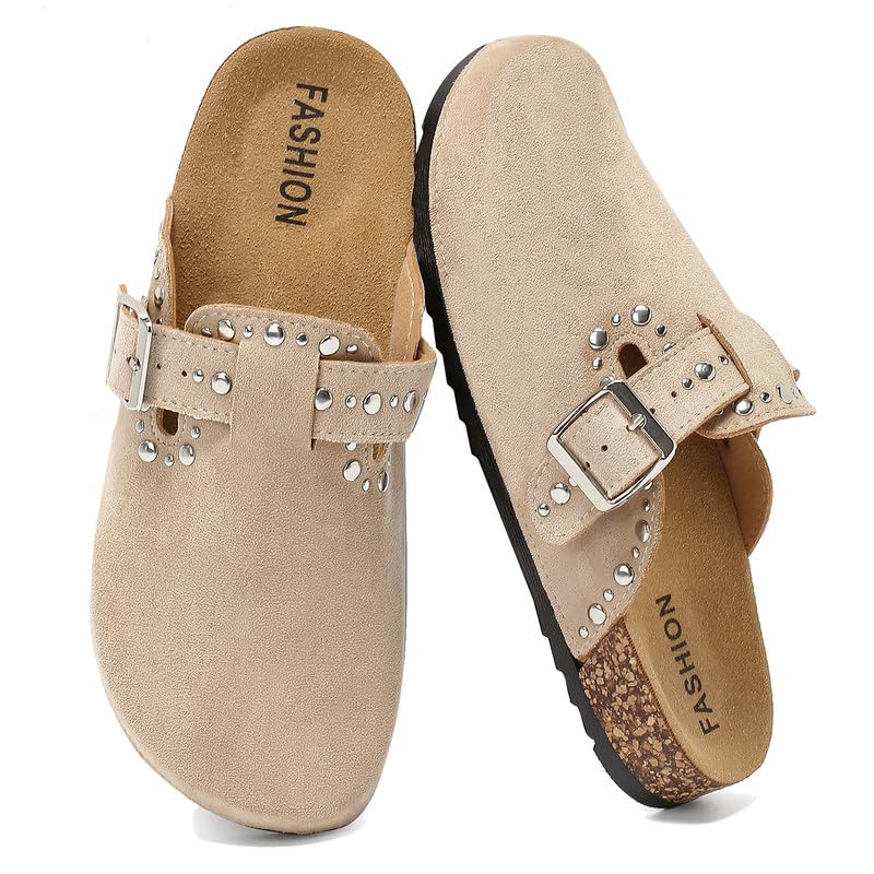 Nieten Clogs Damen mit Kork Fußbett, Hausschuhe Herren Halb Geschlossen | Pantoletten Unisex mit Verstellbare Schnalle, Rutschfest Kartoffel Schuhe Komfort, Ieicht Korkfuß Schlappen, Leder Sandalen