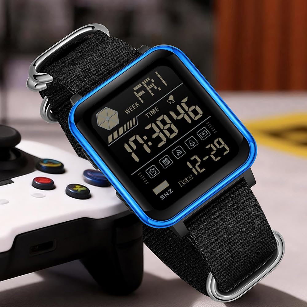 Gosasa Montre numérique unisexe avec bracelet en nylon, 5 ATM, montre LED