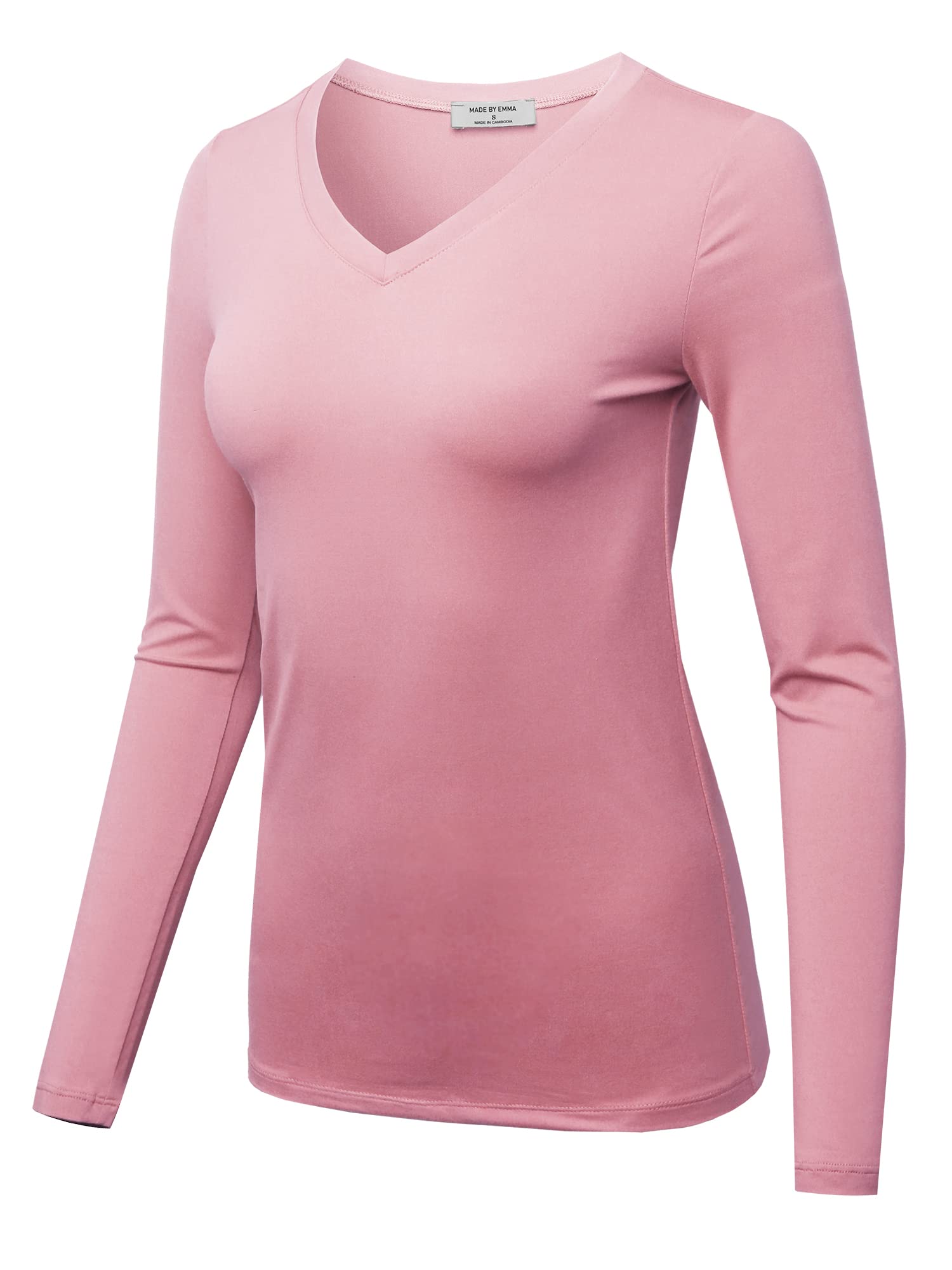 Made by Emma Women's Solid Basic Fitted T-Shirt V-Neck Long Sleeves Top Shirts