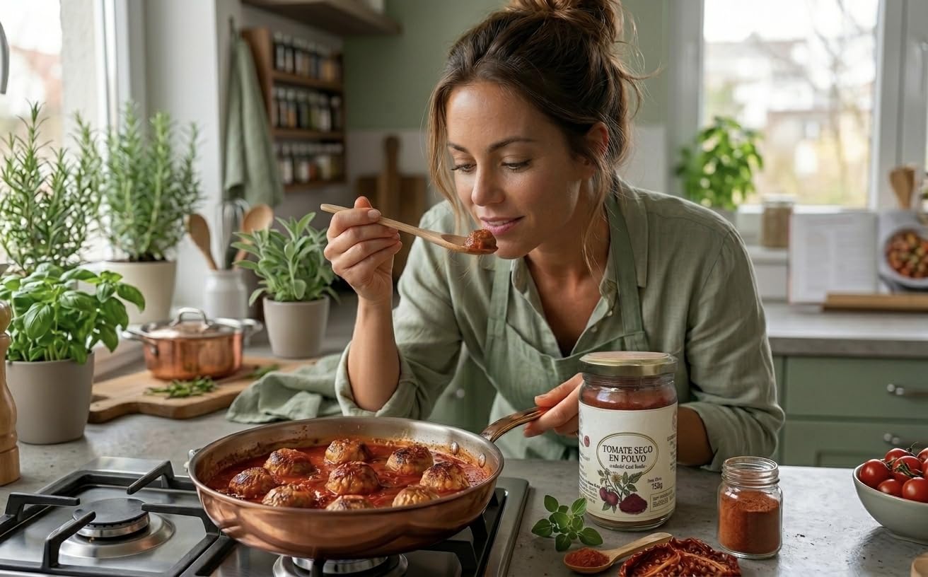 Tomate Seco en Polvo Premium (150g)-Molido Fino, Sabor Intenso y Natural- Ideal para Pasta, Sofritos y Pasta de Tomate Concentrada (1 bote 150g)