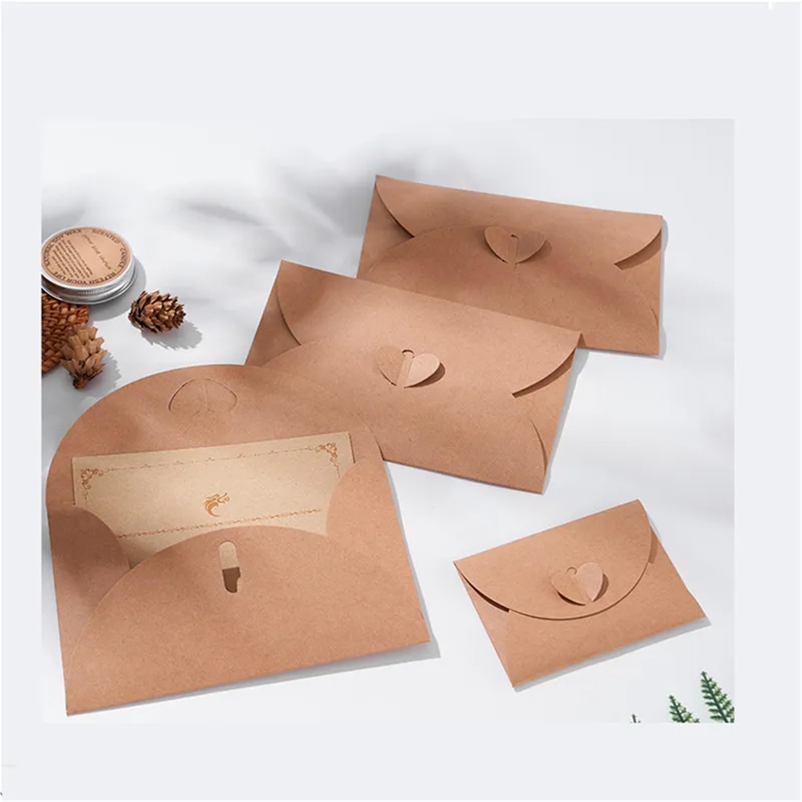 Lot de 20 enveloppes rétro en papier kraft avec boucle d'amour pour cartes postales (20 pièces, 110 x 175 mm)
