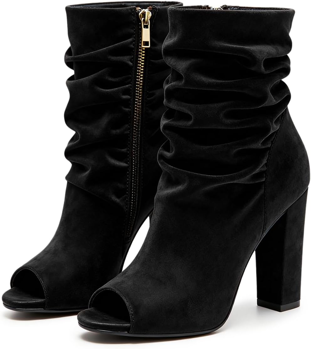 YDN Women's Peep Toe Ruched Ankle Boots Side Zipper Block High Heels Winter Fall Trendy Daily Outfit Booties Shoes Size 4-16 US