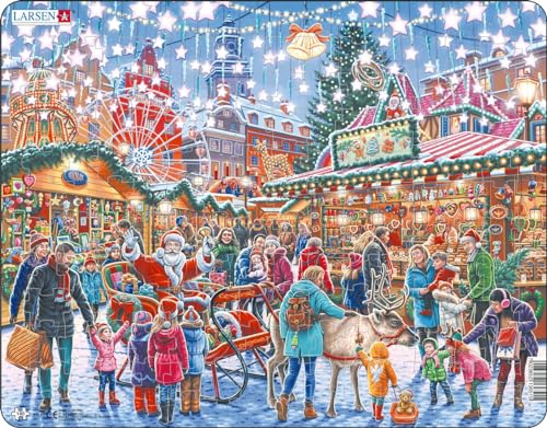 Larsen EA3 Puzzle Marché de Noël 140 Pièces – Défi Familial avec Cadre et Plateau Guidé, Durable et Écologique