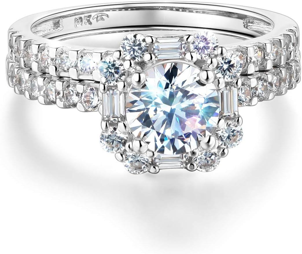 Wellingsale Ladies Solid 14k White Gold Polished CZ Cubic Zirconia Round Cut Halo Engagement Ring and Wedding Band Bridal Set