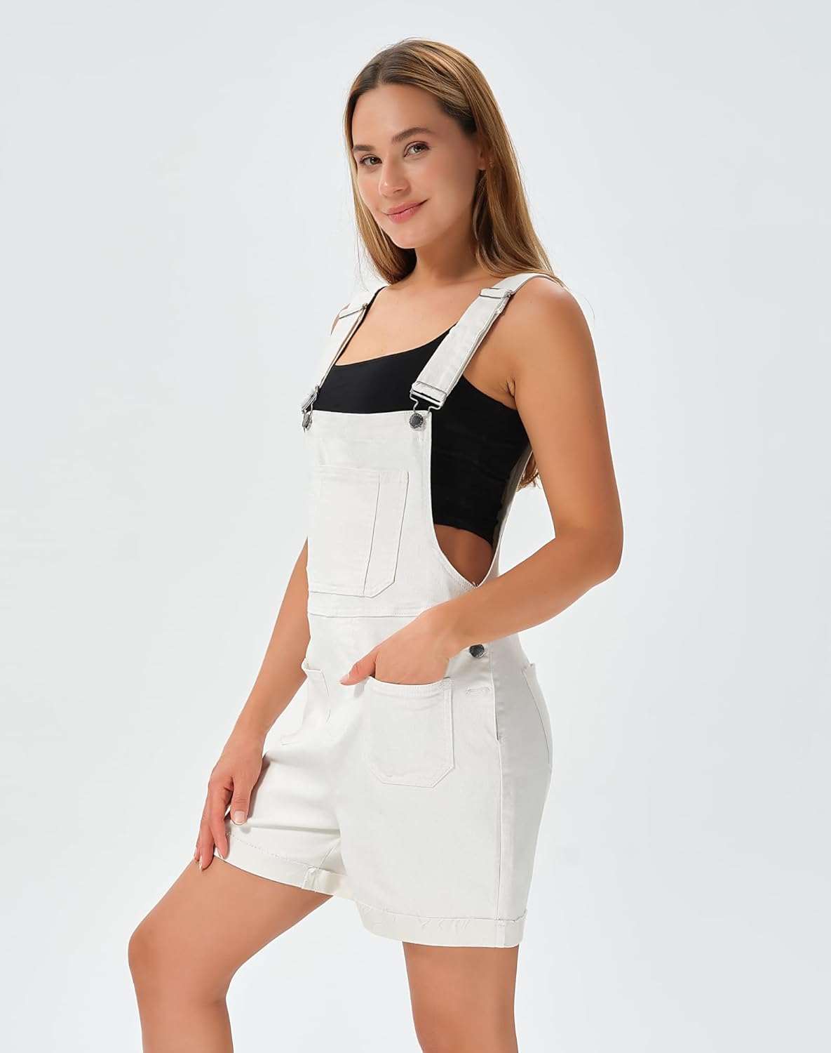 roswear Denim Overall Shorts for Women Stretchy Jumpsuits with Adjustable Strap Cuffed Hem - Image 2
