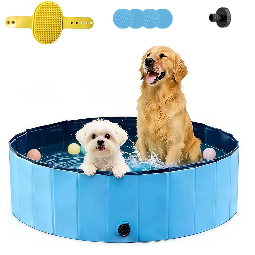 Hundepool 120x30 Faltbar, Hundeplanschbecken, Keine Pumpe benötigt, aus kratzfestem PVC-Material, Anti-Rutsch-Belag & schnelle Entleerung, Hundebadewanne mit Badebürste Ablassventil PVC-Aufnäher x 4