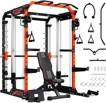 YOLEO Smith Machine with Independent Dual-Pulley System, 1800LBS Adjustable Cable Crossover Squat Rack, Multi-Functional Power Cage for Home Gym with More Workout Equipment LAT Pulldown Bar & Dip Bar