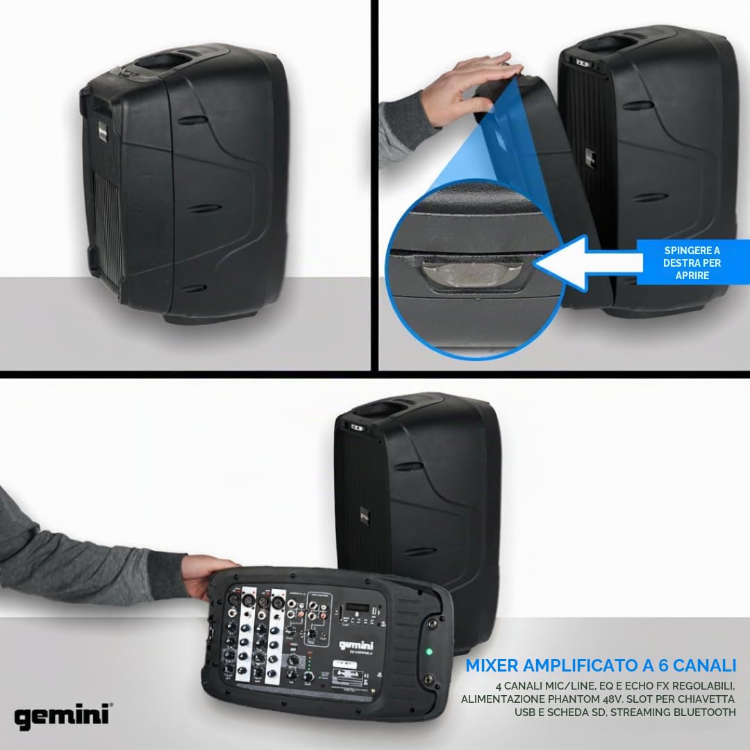 Gemini ES-210MXBLU - Sistema PA portatile Bluetooth con mixer alimentato staccabile