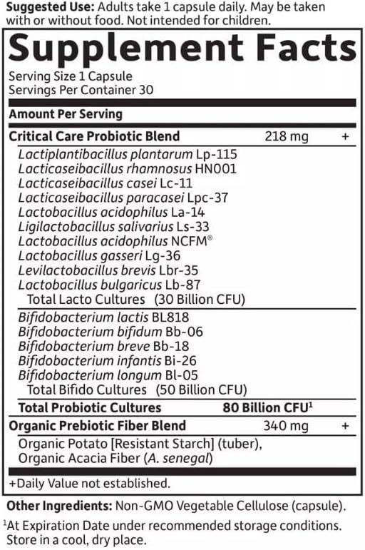 Garden of Life Dr. Formulated Critical Care 80 Billion CFU Probiotics, Colon Health and Immune System, 30 Capsules