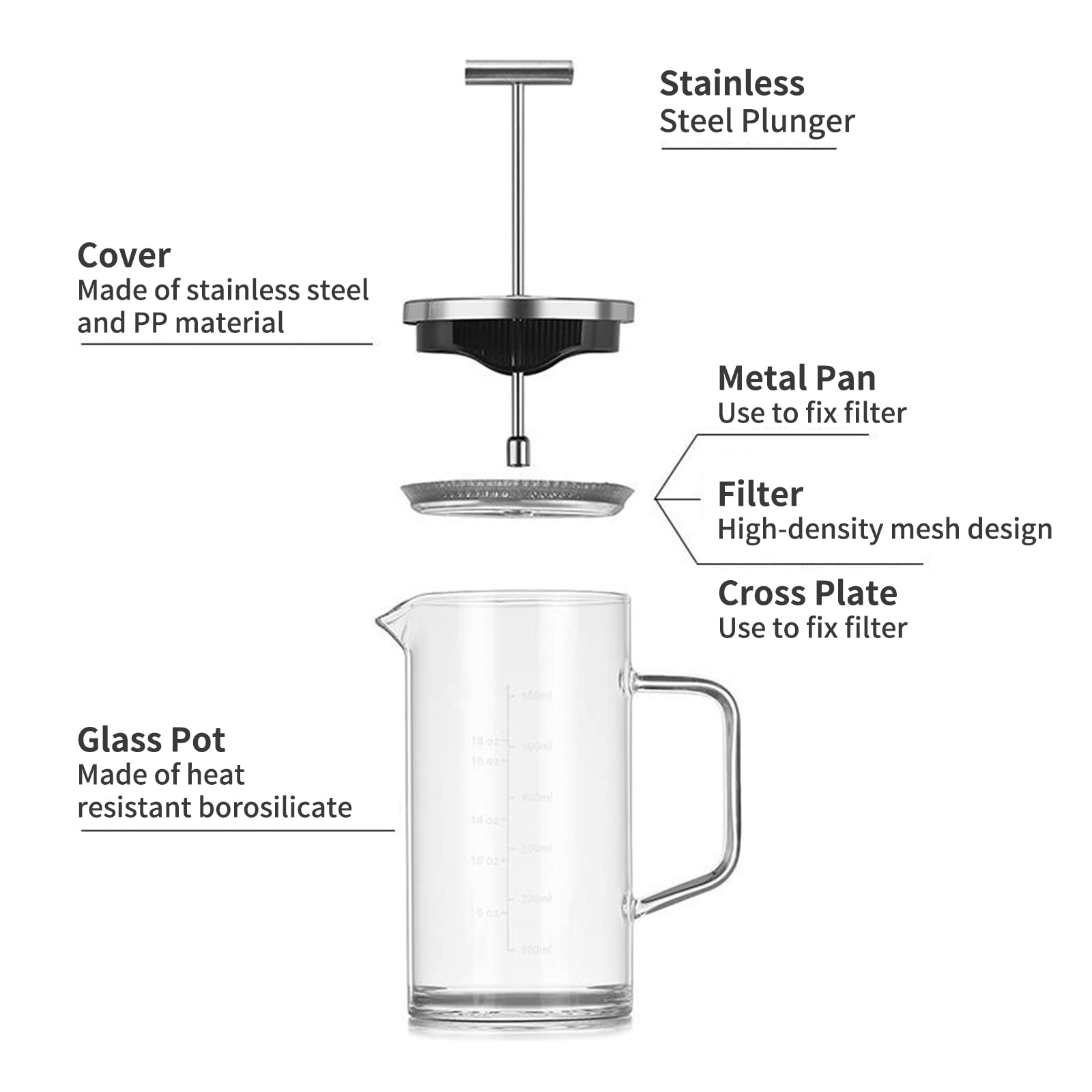 French Press Coffee Maker 12oz, Borosilicate Glass Stainless Steel Brewer Coffee Press Thickened Base Portable Cold Brew Cafetera Teapot for Travel Camping Coffee Bar
