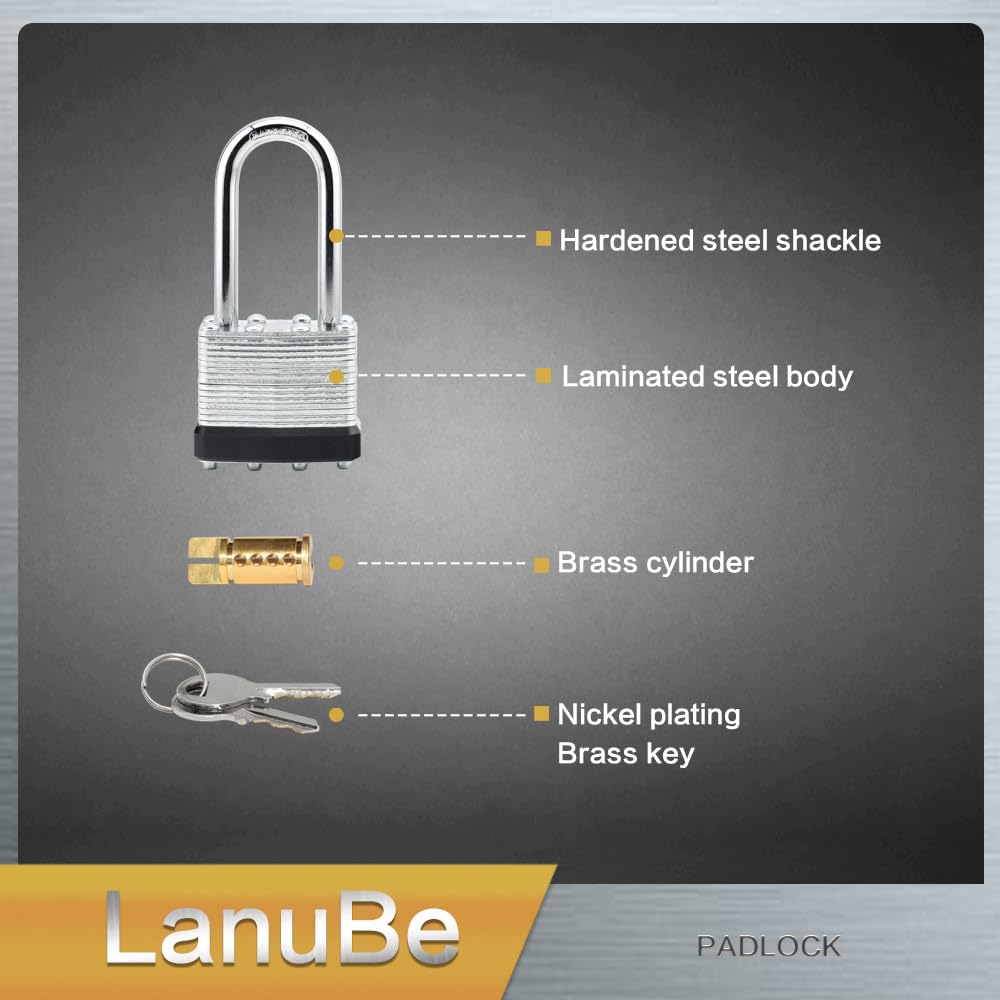 LanuBe Candado laminado con llave (1-9/16 pulgadas, 40 mm), cerraduras con llave igual, grillete largo, aro de plástico negro marcado, paquete de 24