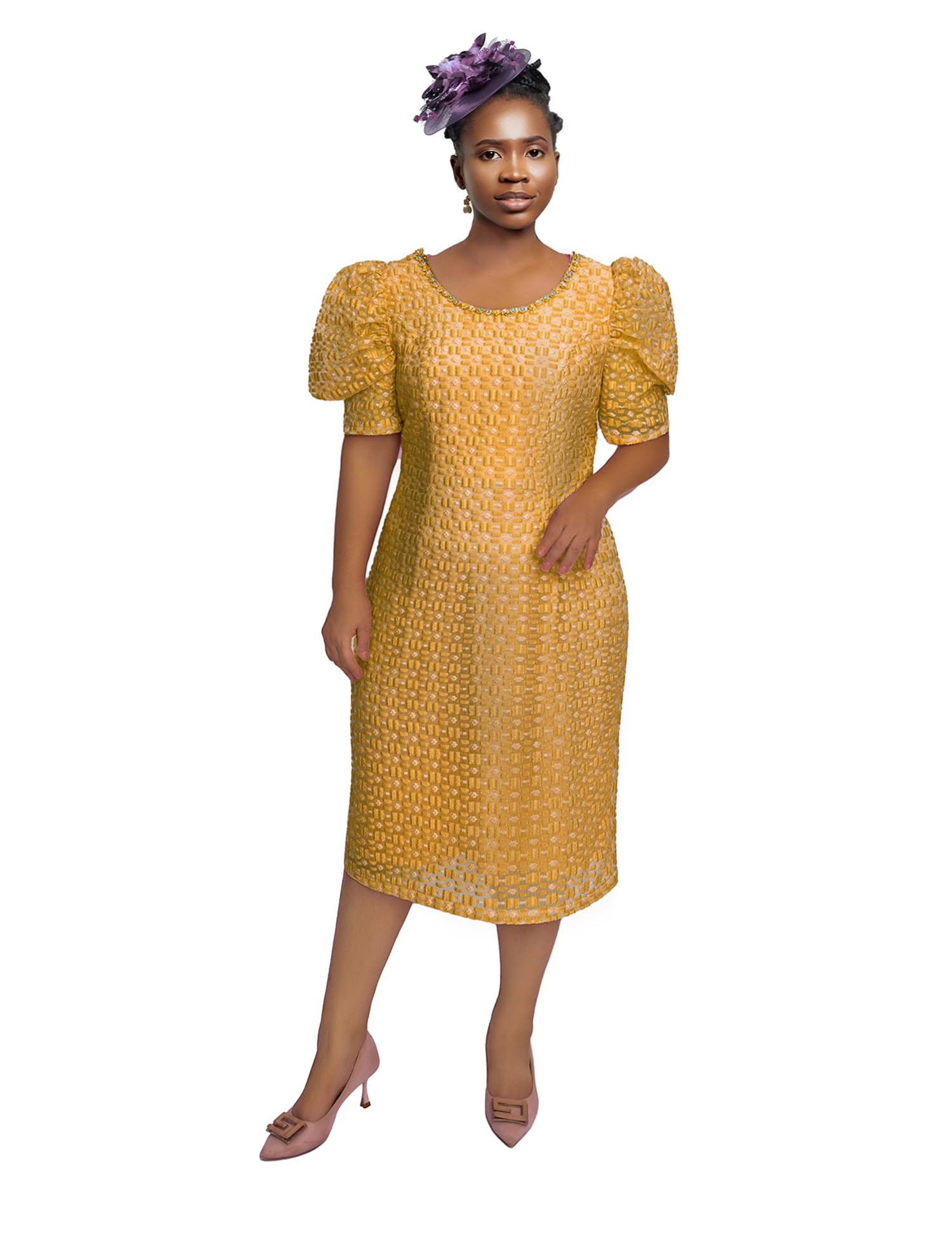 Womens Puff Sleeve Midi Dress Elegant Textured Dress with Neck Trim for Party Church Office Formal Outfit