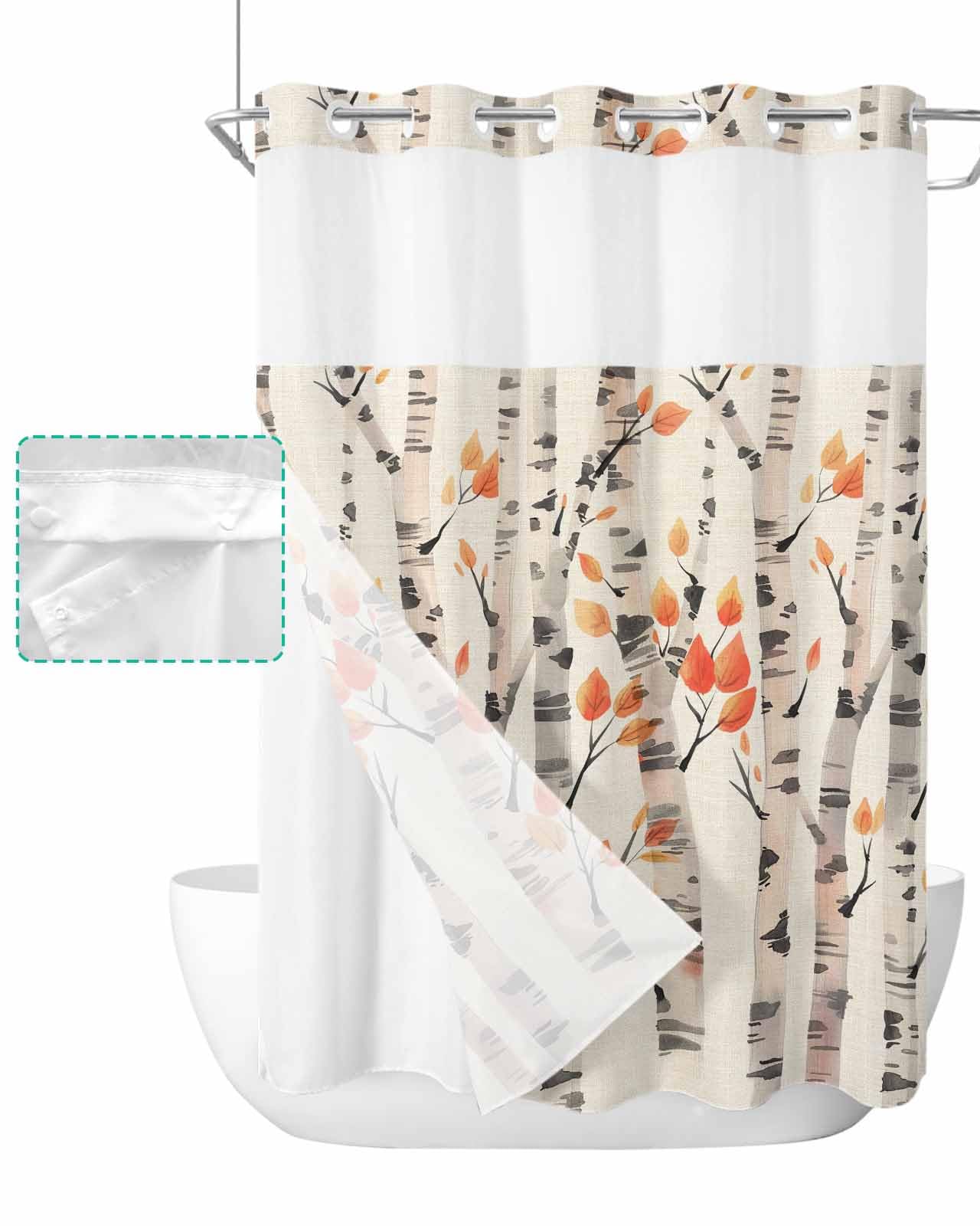 Nesphy No-Hook Shower Curtain Set With Snap-In Liner – Watercolor Nature Print, 71x74 Inch, Mesh Top Window
