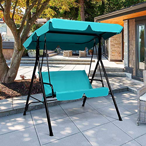 Image of Tangkula 2 Person Porch Swing, Outdoor Swing with Removable Cushions, Solid Steel Structure, Patio Swing with Adjustable Canopy for Porch, Backyard, Garden, Balcony Turquoise