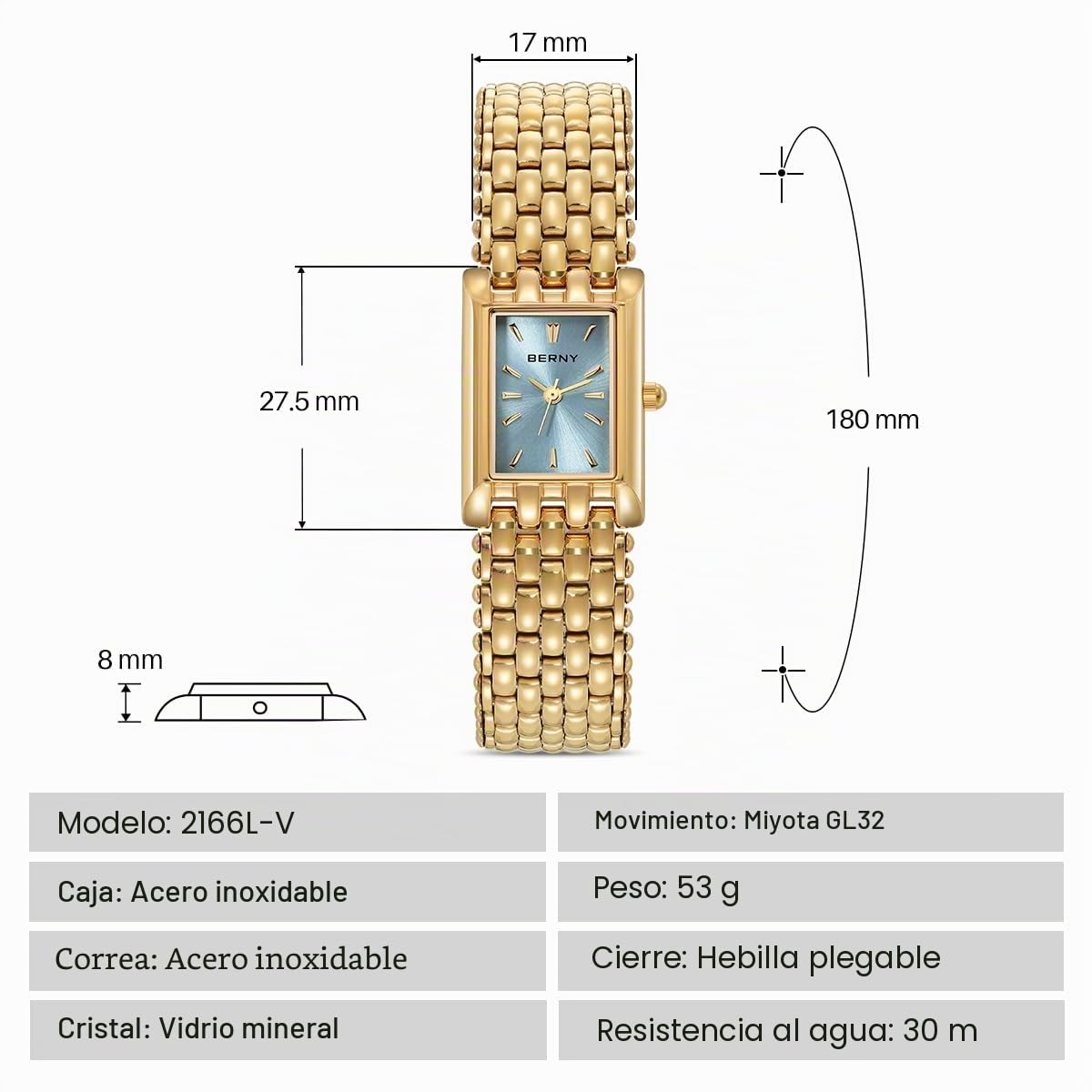 BERNY Reloj de Oro para Mujeres Reloj de Pulsera Rectangular Impermeable Reloj de Pulsera de Lujo Reloj Analógico de Cuarzo de Acero Inoxidable Dial de Rayos Solares Regalo de Cumpleaños