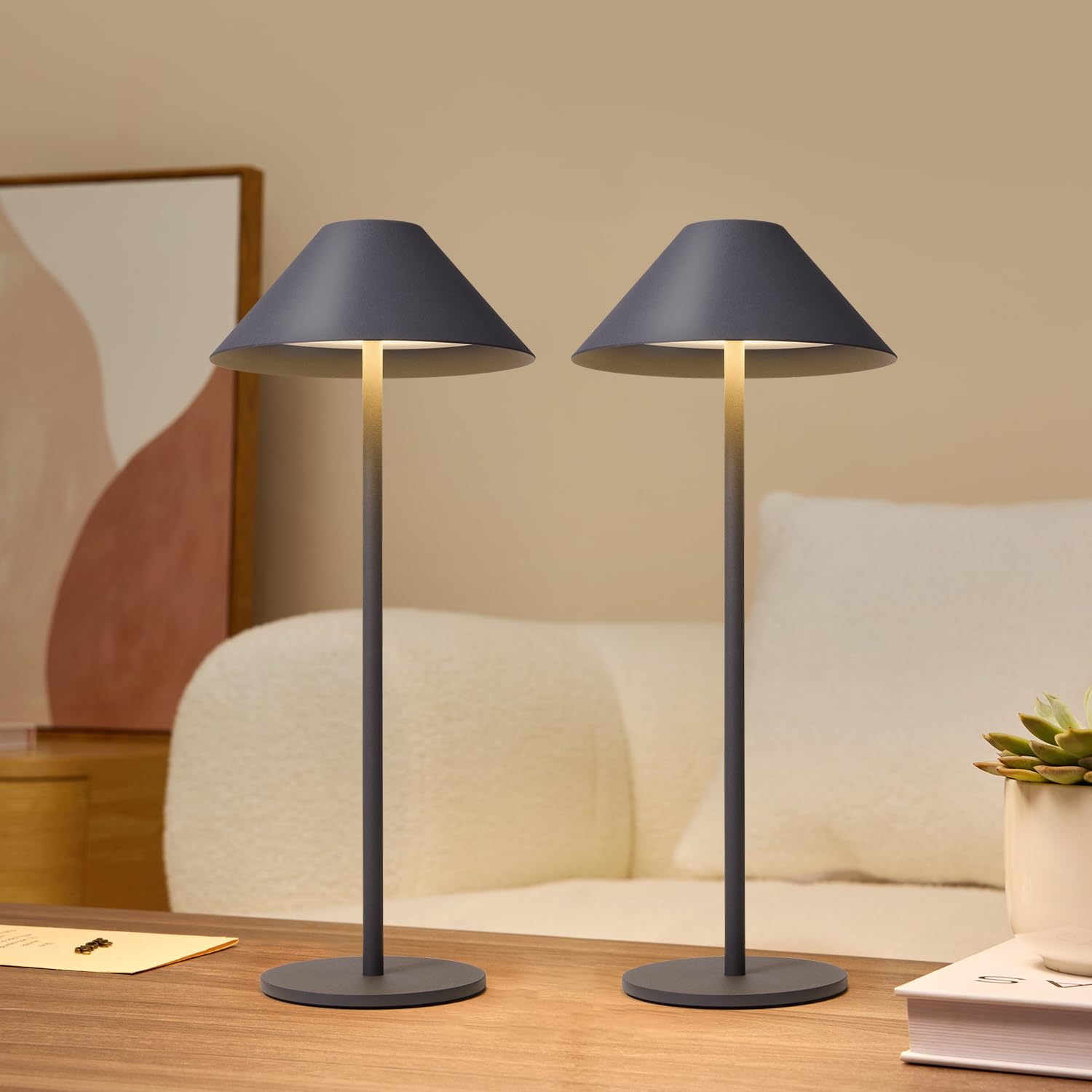Lalavon 2 Pieces Rechargeable Cordless Lamp, 4000 mAh Battery Wireless Table Lamp with USB-C Charging, Dimmable LED Desk Lamps Touch 3000K/4000K/6000K, Imperméable IP54 (Grey)