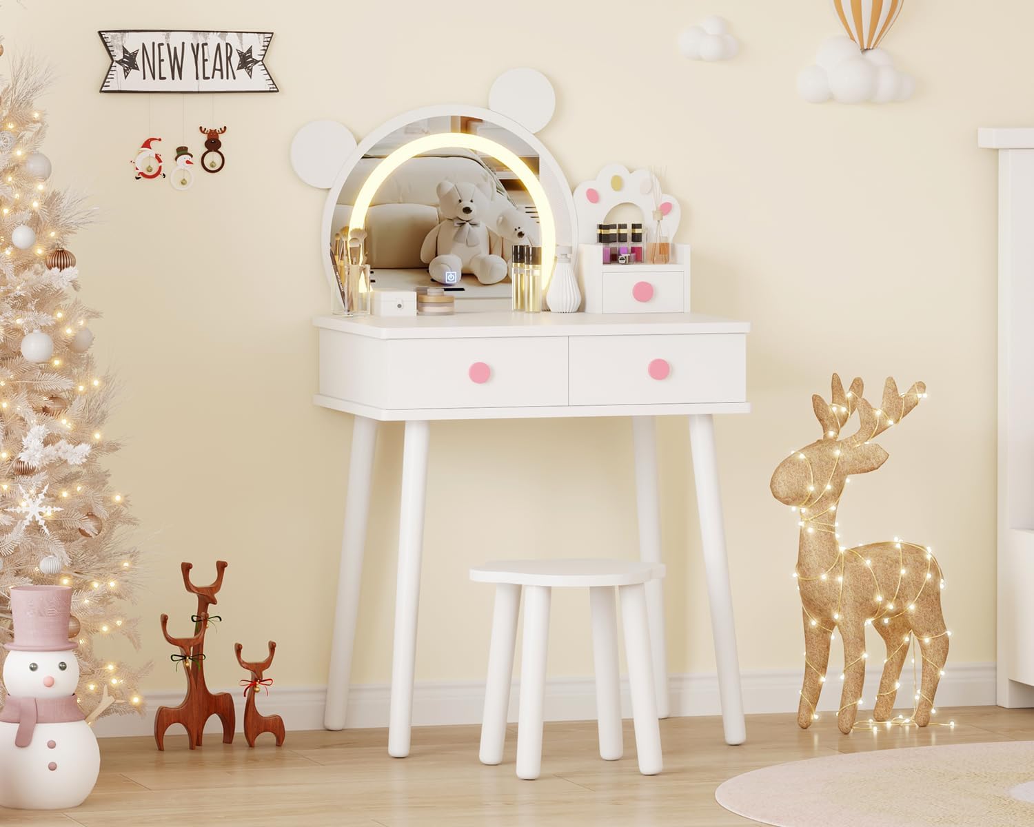 Garvee Kinder-Make-Up-Tisch Set Mit Bärenspiegel – Weißer MDF-Schminktisch Mit Blütenhocker & 3-Farben-Spiegel, 64x47x19 cm Spieltisch Für Mädchen, Praktischer Kinder-Schminktisch Für Schlafzimmer