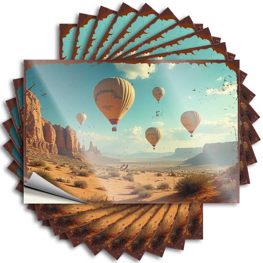 Tattoo Retro Vinyl Decals, Teen Boys Room Decor Waterproof Bottle Stickers for Water Bottle | Hot Air Balloons Soaring Over A Desert Landscape Perfect for Double Laptop Decor(8X12CM)