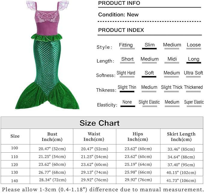 Miniatura 6 de Eledobby Little Mermaid Costume for Girls Ariel Dress Kids Halloween Dress Up Princess Mermaids Skirt Birthday Party Outfit