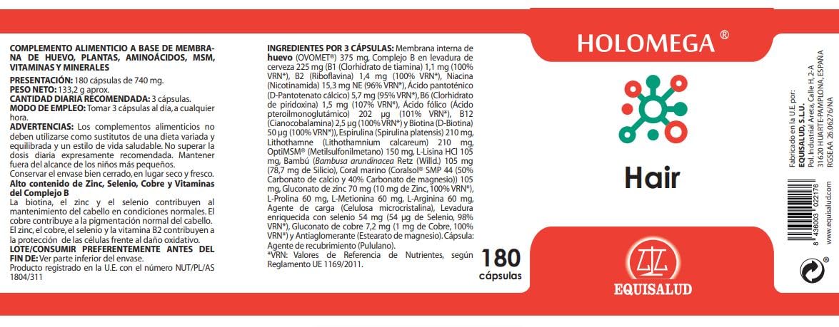 Holomega Hair de Equisalud, 180 cápsulas