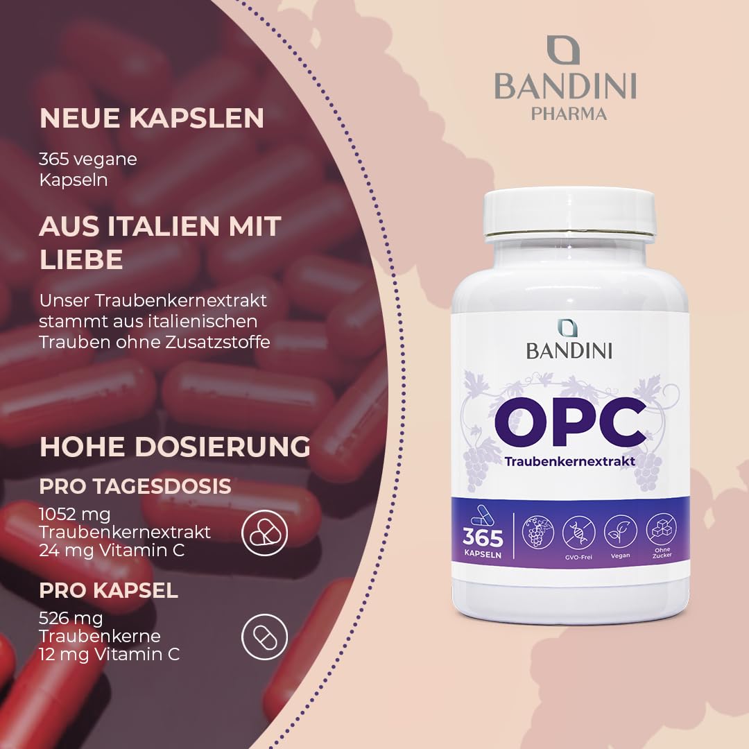 Bandini® OPC Traubenkernextrakt 365 Kapseln | Hochdosiert mit 1076mg je dosis | Höchster Gehalt nach HPLC | Aus italienischen Weintrauben | 1052mg Extrakt mit 999,4mg OPC + 24mg Vitamin C | 6 Monate