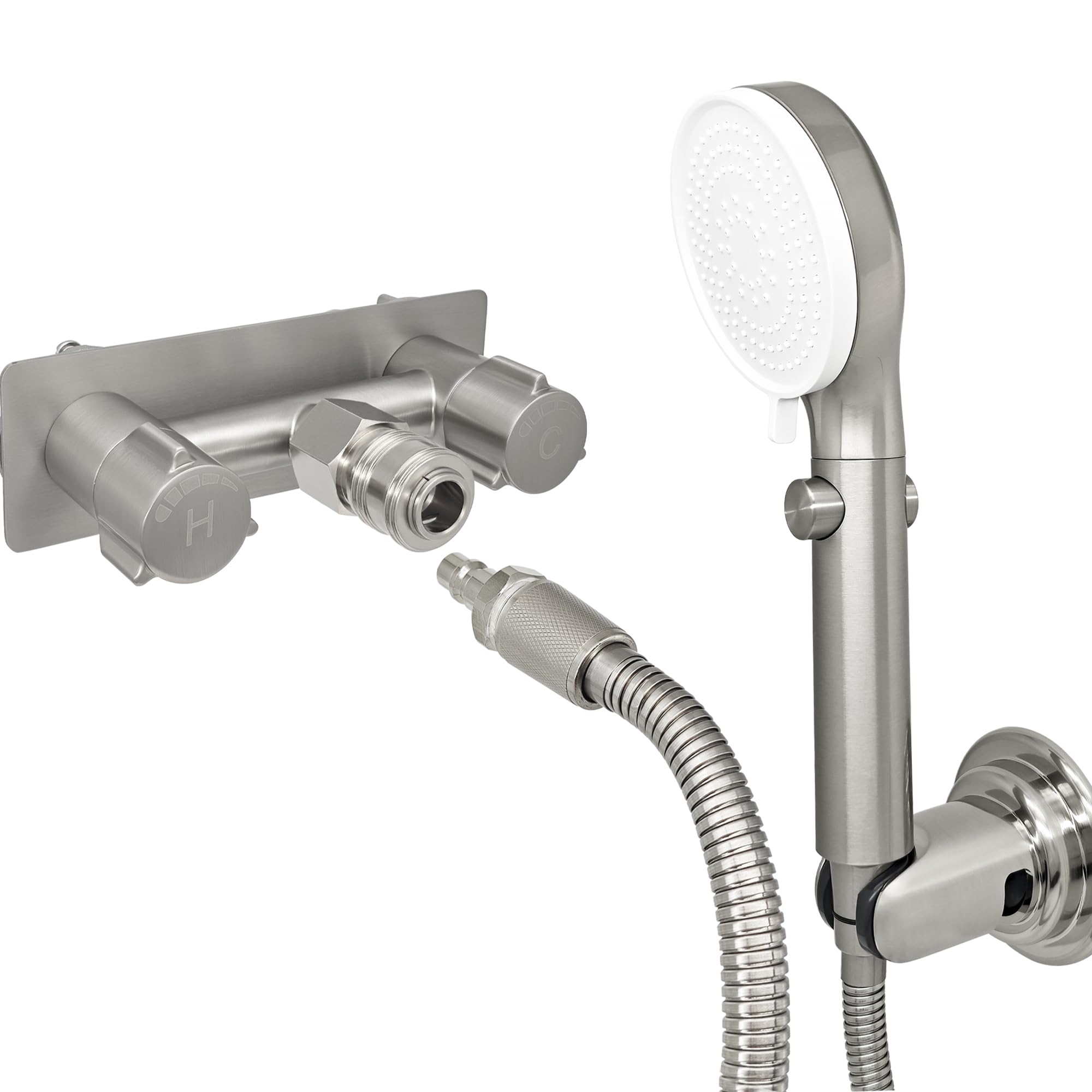RV - Kit de ducha desmontable de conexión rápida para exteriores, grifo de ducha de metal y cabezal de ducha con interruptor de encendido/apagado, manguera de 71 pulgadas, soporte de succión, para