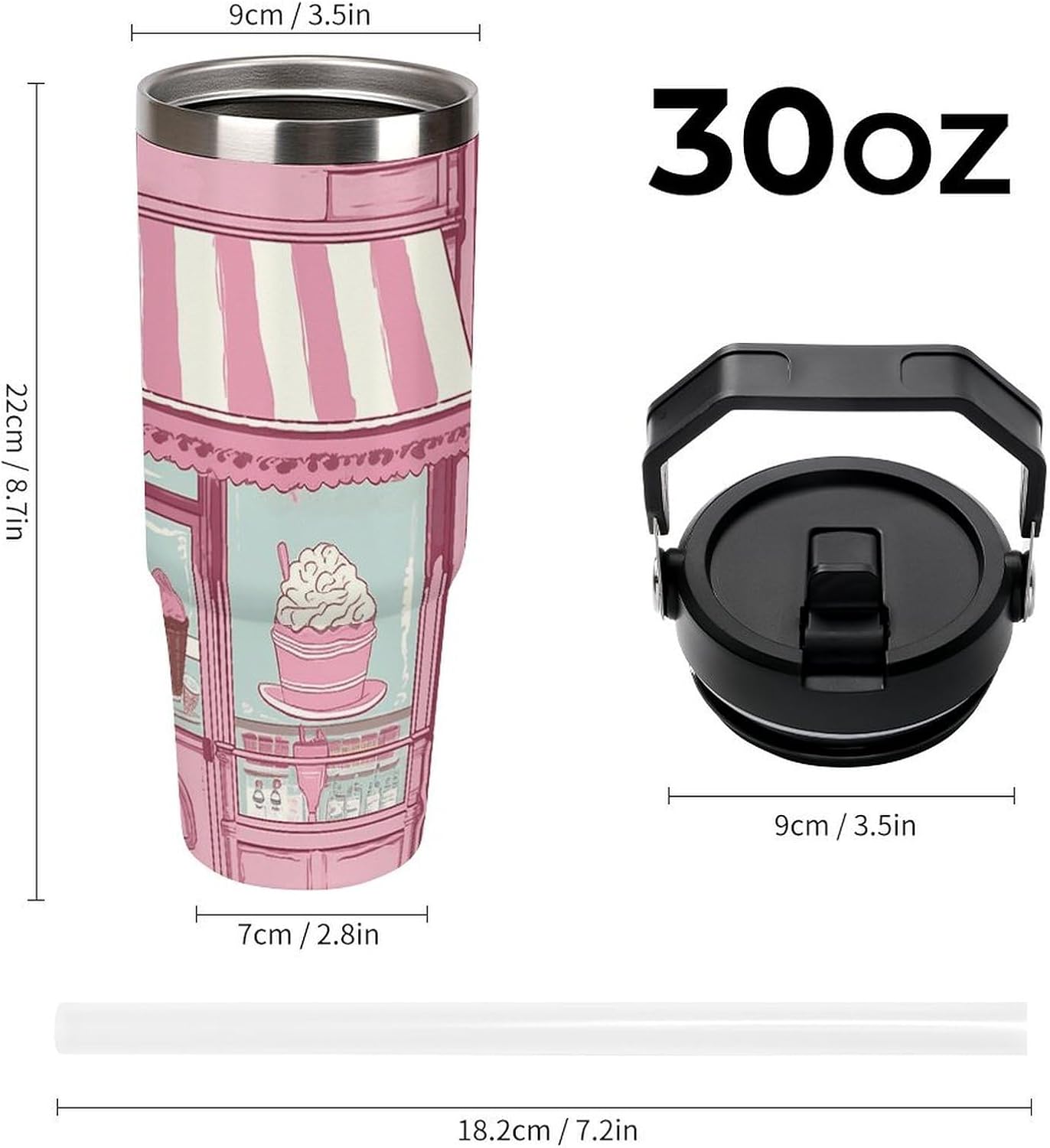 30oz Insulated Tumblers with Top Handle, Stainless Steel Ice Cream Store Pink Car Cup with Straw for Gift, Leak-Proof Double Wall Vacuum Travel Mug, Personalized Water Bottles Black