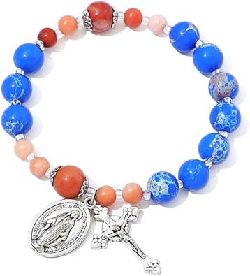 KOMI Gemstone Beaded Stretch Bracelet 8mm & 10mm Beads Rosary Bracelet with Crucifix Cross, Beads Bracelet for Women & Men Catholic Religious Jewelry