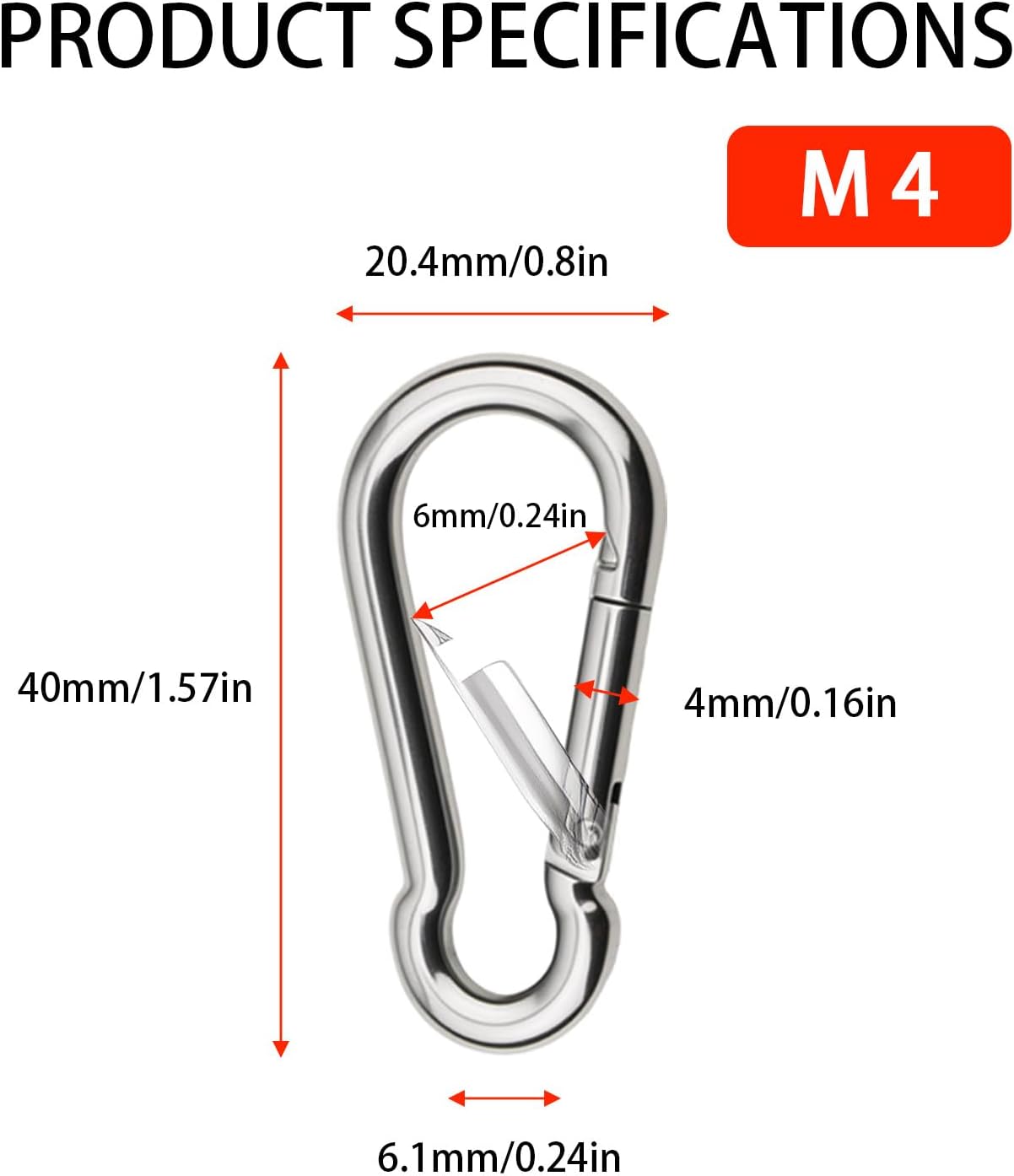 50PCS M4/M5 Spring Snap Hook Carabiners, Stainless Steel Heavy Duty Clip, 110LBS Holding Capacity, Ideal for Hammock Swing Outdoor Travel Keychains & More
