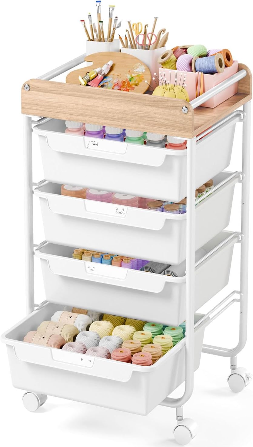 Rolling Craft Storage Cart with 4 Drawers,Utility Cart with Drawers,Art Craft Organizers and Storage,Kids Craft Cart,Kids Art Cart With DIY Lable and Wooden Tabletop Area,White