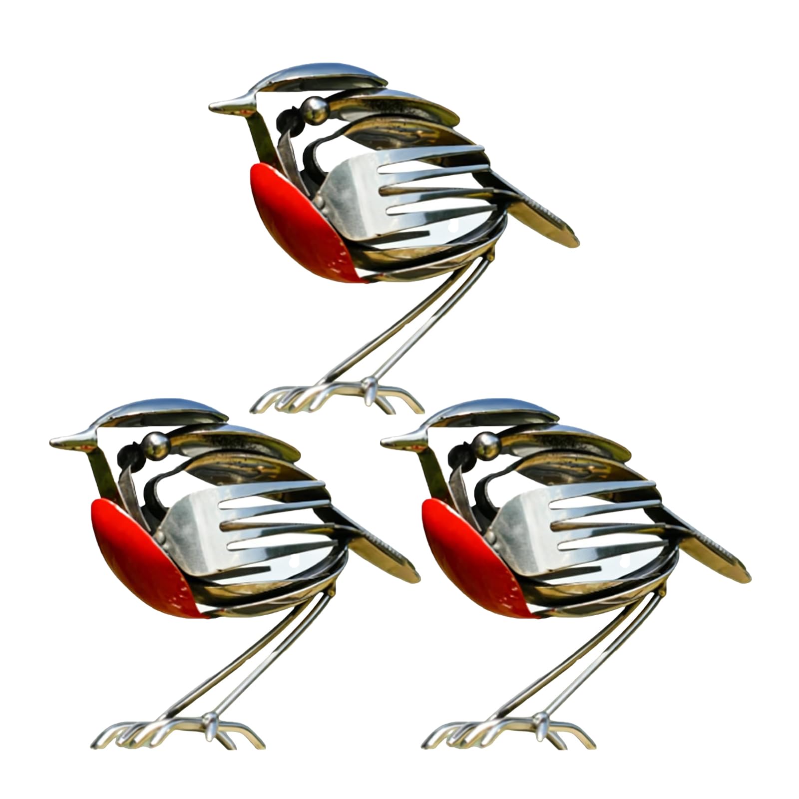Recycled Fork & Spoon Robin Figurine, Metal Robin Garden Ornament, Rustic Red Chest Bird Statue, Handmade Garden Ornament, Weatherproof Yard Patio Decor, Country Cottage Accent for Bird Lovers (3PC)