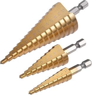 HOHXEN Step Drill Bit Set 4-12mm/4-20mm/4-32mm, Total 32 Sizes, Cone Titanium Coated High Speed Steel, 3-Piece Set With Pouch, Multi-Functional Industrial DIY Metalworking