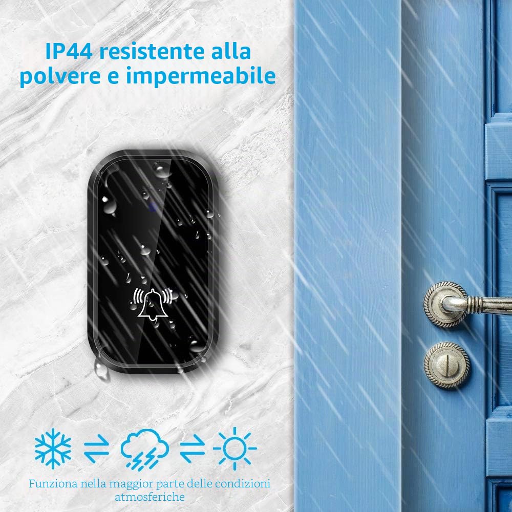 [Non Richiede Batteria] Campanello Senza Fili da Esterno, LED di Temperatura, Campanello Wireless Impermeabile con 2 Ricevitori e 1 Trasmettitore, Portata 150m, 38 Melodie e 4 Livelli di Volume