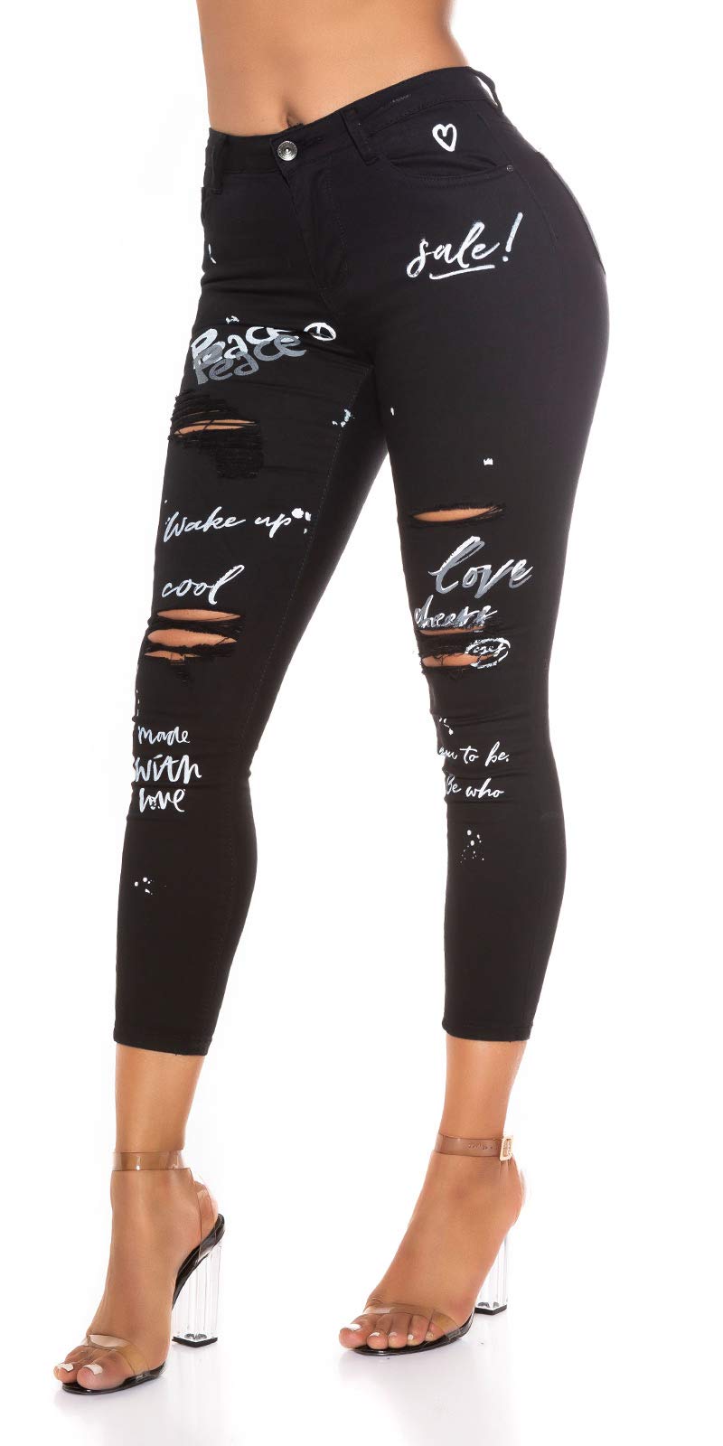 Miss RJ Jeans High Waist Women's Skinny Jeans Jeans Pants Used Look with Lettering Print (36, Black)
