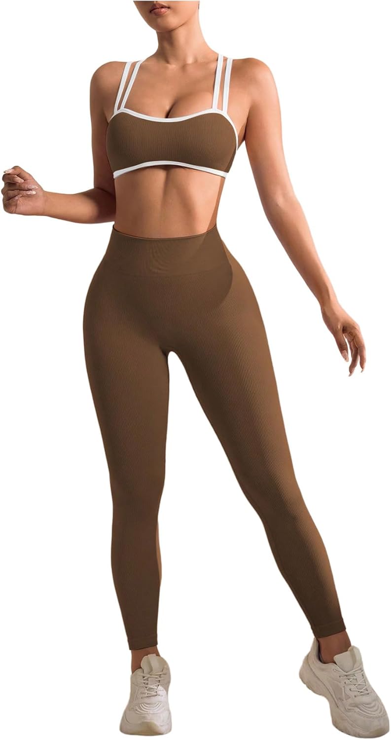 SHENHE Women's Seamless Workout Set Cross Back Sports Bra High Waist Leggings 2 Piece Tracksuit