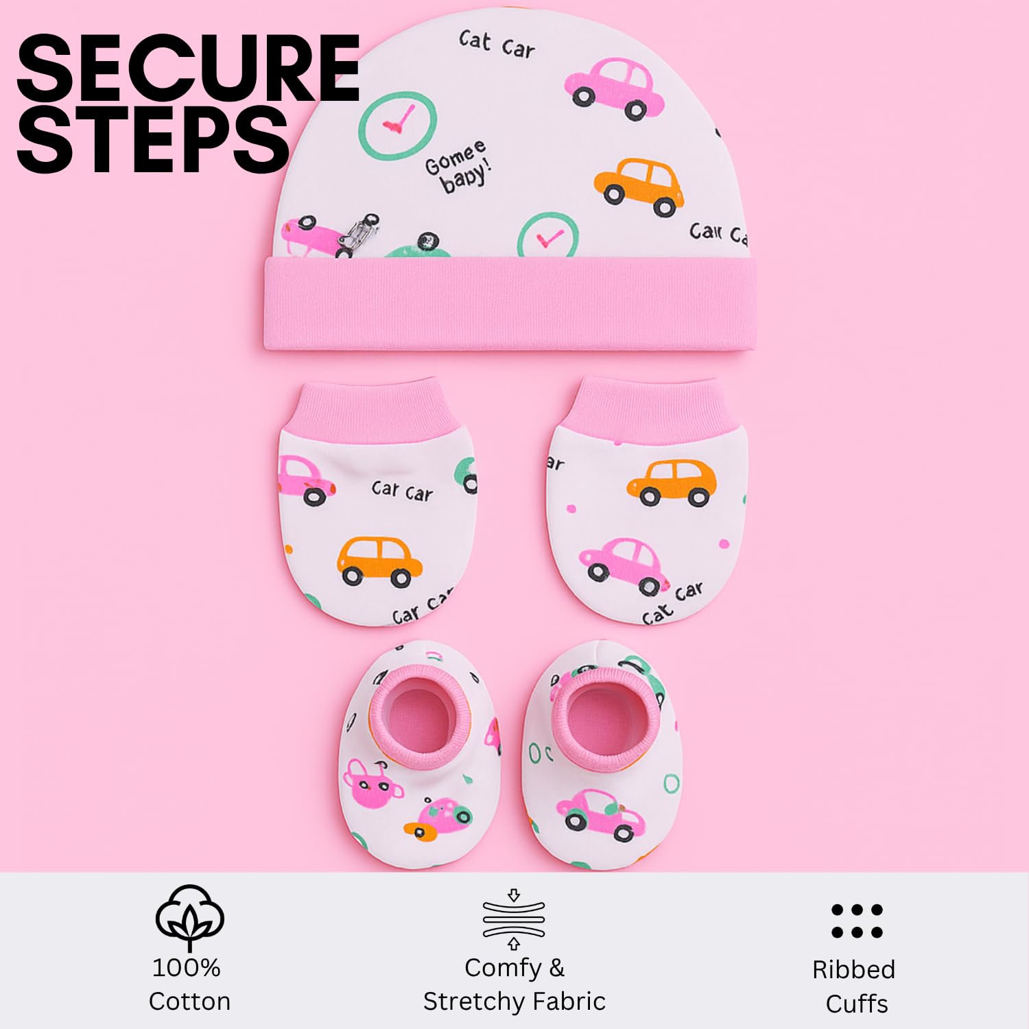Mittens Cap and Booties Set for New Born Baby Pack of 2 | 100% Cotton Baby Mittens Set 0 to 6 Months | Soft Anti-Scratch Caps Mittens and Booties Newborn | Cute Designs | Boys & Girls (Pink+Orange)