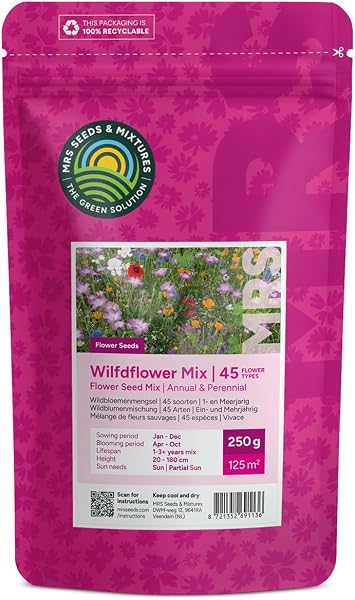 MRS Mélange de fleurs sauvages annuelles et vivaces - 250 g pour 125 m² - 62 variétés de fleurs multicolores riches en nectar - Attire abeilles et papillons - 2